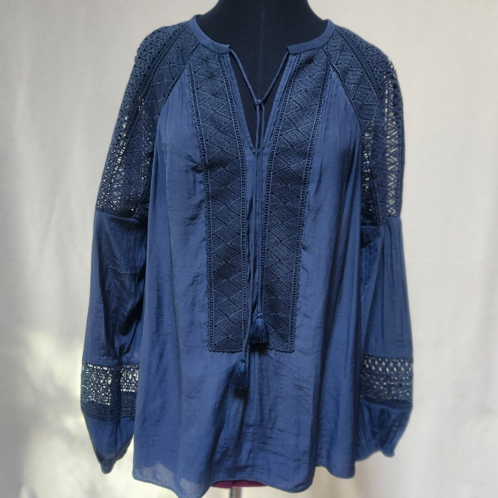 Ramy Brook Winnie Peasant Blouse with Lace Panels in Dusty Navy Size L